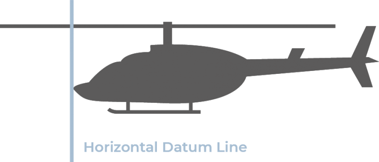 Side-view silhouette of a helicopter with a blue datum line at the nose.