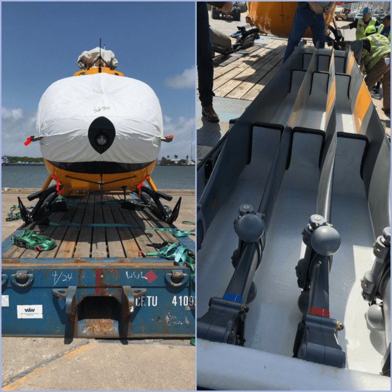 2 images - left: from view of an H145 helicopter with white protective covers, resting on a dolly prior to shipping. right: 4 colour-coded helicopter blades resting in blade box for storage during shipping.